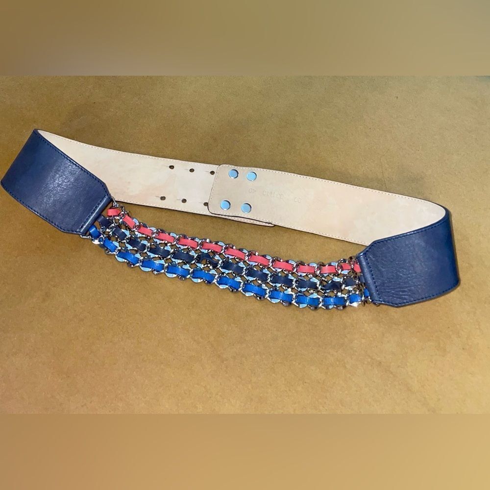 Rene Lezard Belt Navy Leather W/Silver Chains 35”